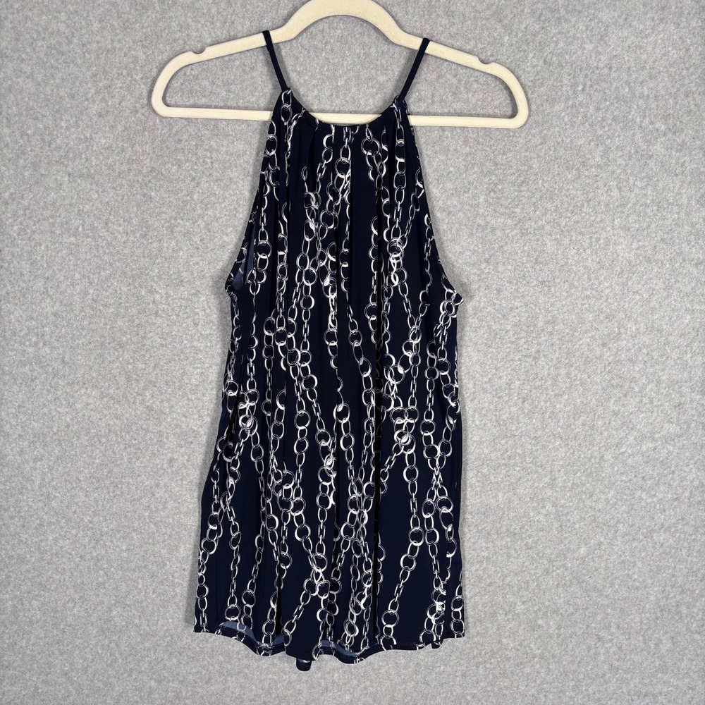 Banana Republic Slinky Knit Top Medium Blue Chain Print Pleated Liquid Flowy